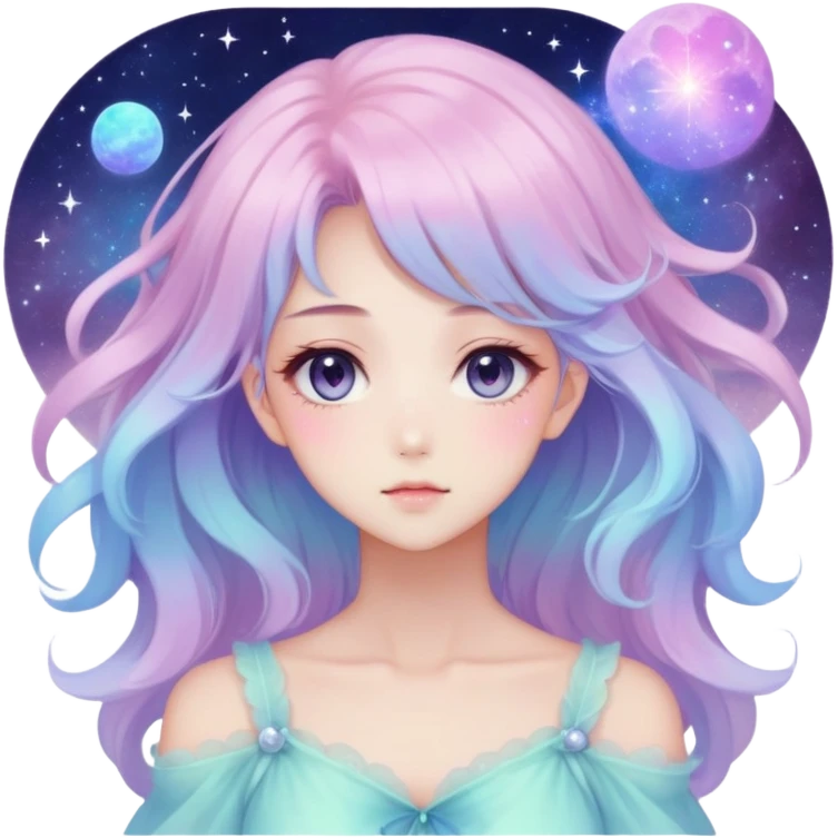 Beautiful gorgeous anime lady with beautiful nebula hair, fashion aesthetic, ethereal, fairycore, pastelcore  emoji