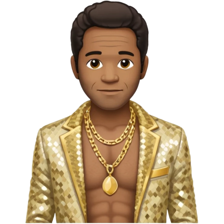 Al Green with dark brown hair, cream sequin jacket, shirtless with necklace emoji