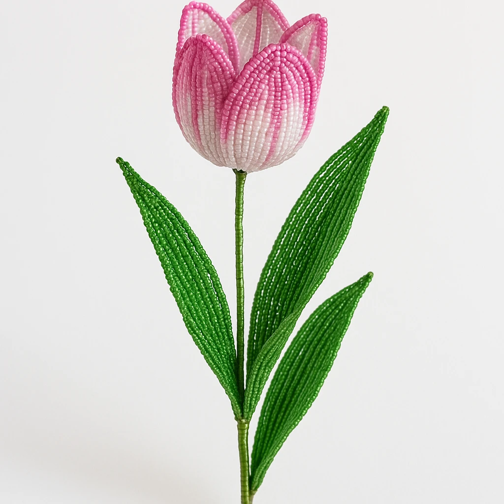 french beaded tulip, handmade with glass beads, delicate wire stems, detailed pink and white petals, lush green leaves, artistic, isolated, no background emoji