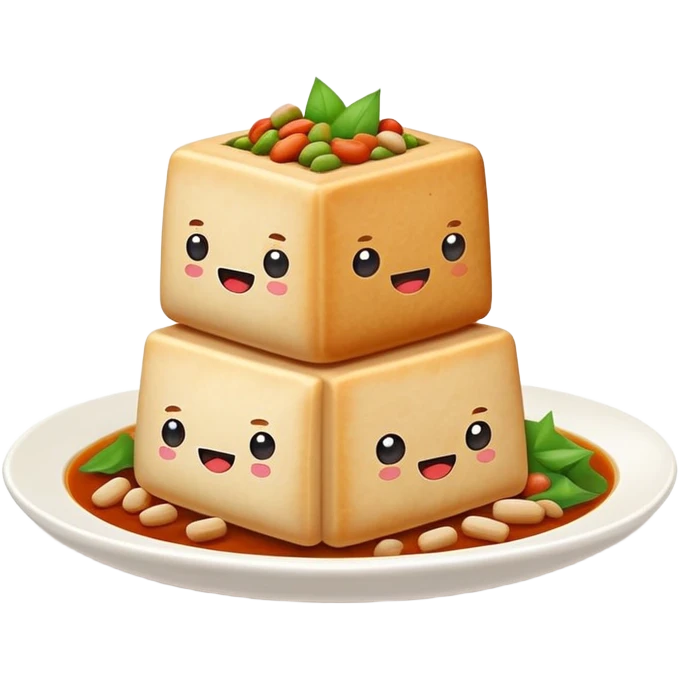 Hakka Stuffed Tofu with five spiced meat filling, simplified emoji style with bold outlines and bright colors, cartoon style unique triangular stuffed bean curd emoji
