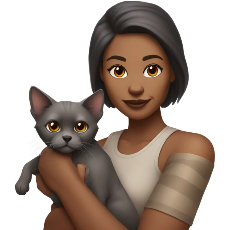 Woman in the right arm is holding a sphinx grey cat and in the left arm holding a Pomeranian dog emoji