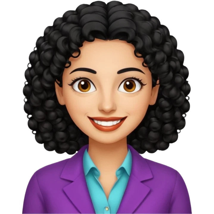 30 year old iranian woman very short curly black hair, big brown eyes, tanned skin, big smile, white teeth, pretty, stylish, shorter hair, boy cut hair, nice clothes emoji