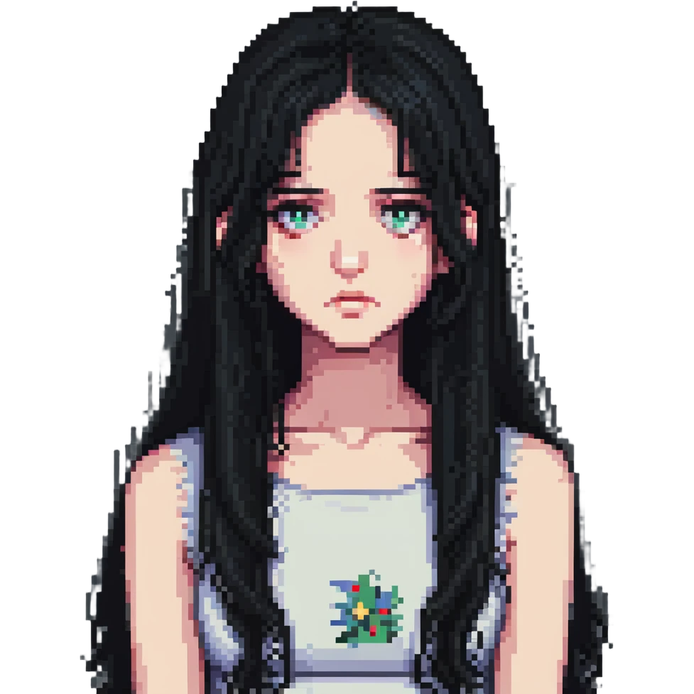 pale girl with long black hair, sad expression emoji