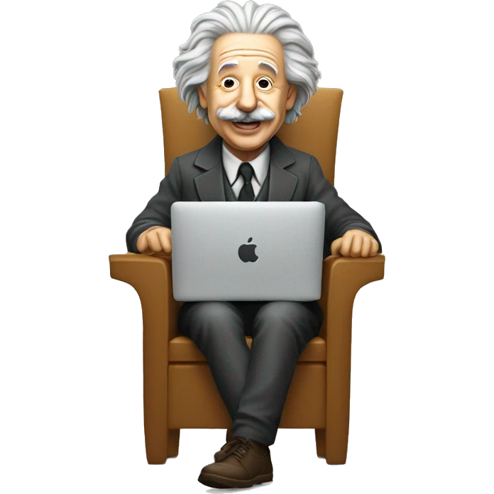 albert einstein happy sitting in the chair with apple macbook emoji