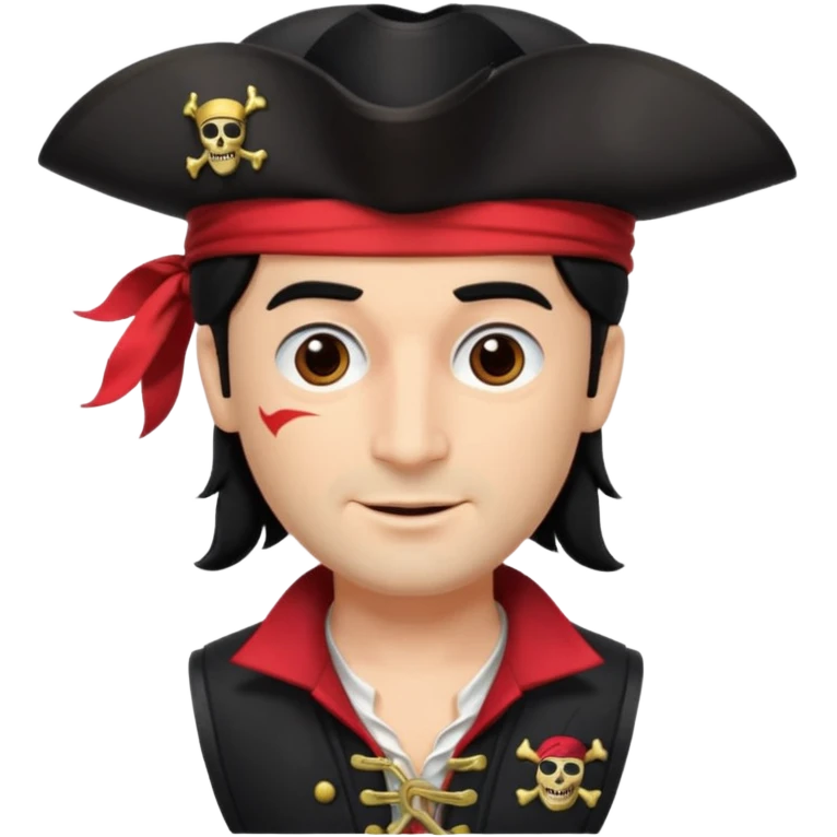 Captain Feathersword of The Wiggles with light skin, brown eyes, black hair, black pirate hat, white pirate shirt with red vest, one eye patch emoji