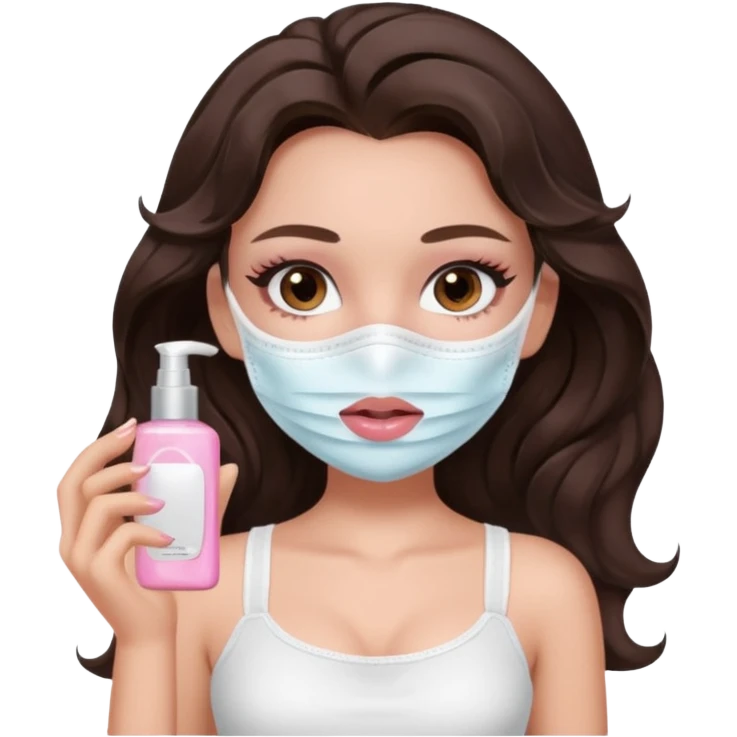 generate a pretty fair bratz girl with dark brown eyes. Dark brown hair wavy hair. light pink lipgloss. white cami top. doing skincare.  emoji
