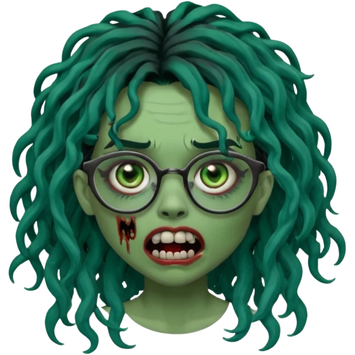 One female green-skinned, zombie super pretty with glasses, with ombre black roots & dark teal long locks and a side bang of her locs that fall over the right eye and a sinister expression with the mouth open, teeth showing, and the jaw uneven. with a small wound near its mouth. Make her locks curly emoji