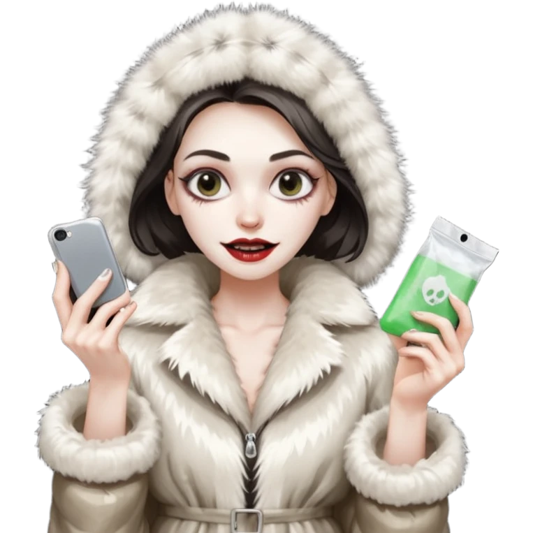 she is wearing a fur coat and has a transparent tiny, small  plastic bag full of white powder, and her phone in the other hand, she has lost so much weight, she looks evil , she has an evil grin emoji