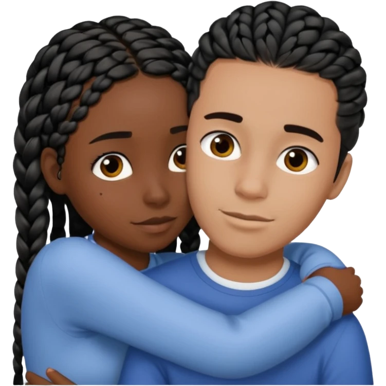 dark skin, black girl with black braids hugging her white boyfriend with straight parted brown hair and olive skin emoji