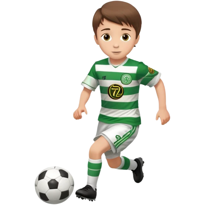 Celtic footballer jersey logo  6 years old brown hair white boy , brown eyes , stripes uniform , RUNNING  with soccer ball # 17 celtic football logo PUT ONLY ONE LOGO ONE CELTIC LOGO ONLY  emoji