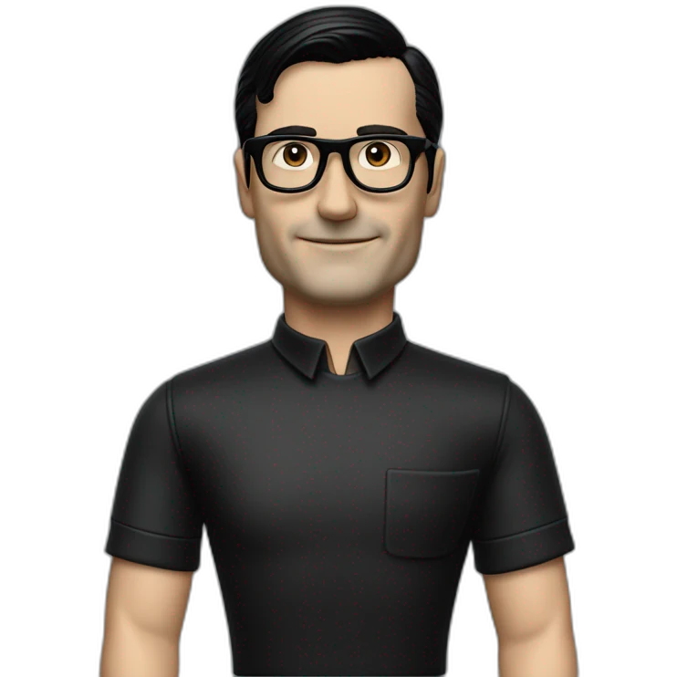 small photo realistic right arm waving Ralf Hutter from Kraftwerk, short straight black hair, Dark Brown eyes, black glasses, thin, black shirt, left side view emoji