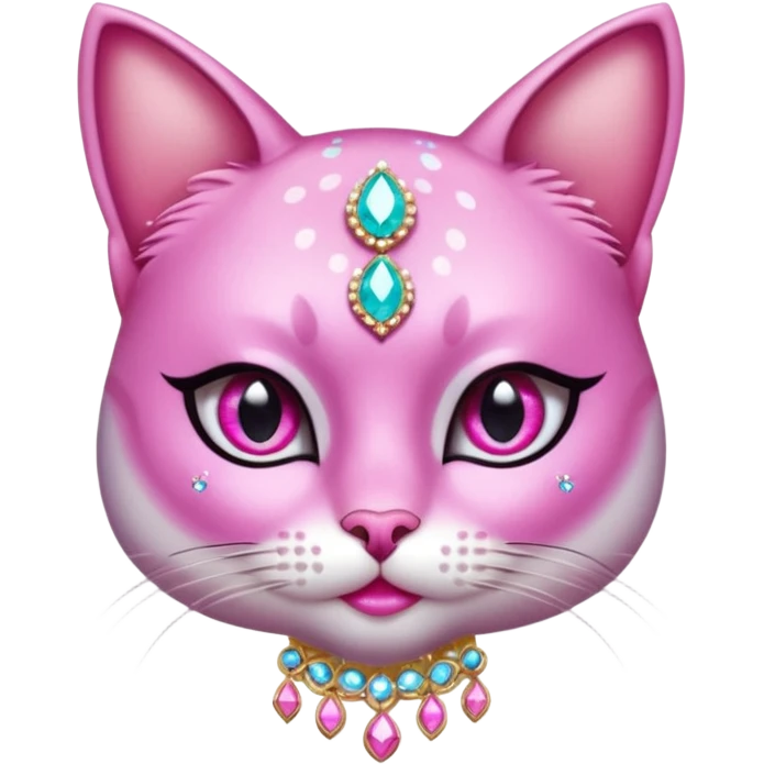 glamorous cat portrait, head and shoulders only, exaggerated pink makeup, bright eyeshadow, long eyelashes, shiny blush cheeks, sparkling face gems, glitter accents, elegant earrings, fantasy beauty style, cute 3D cartoon, mobile game icon style, clean background, no text, no watermark
 emoji