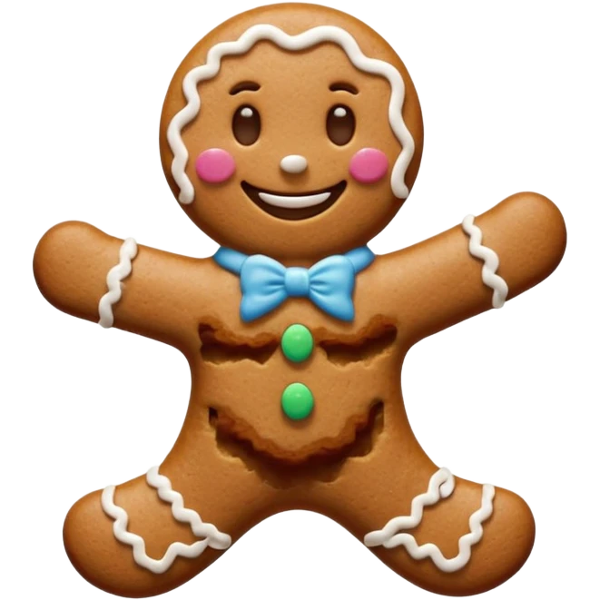 {
    "type": "object",
    "look": "gingerbread man, icing smile, cookie texture, front view",
    "description": "a cheerful gingerbread cookie shaped like a man, smiling with white icing details"
  } emoji