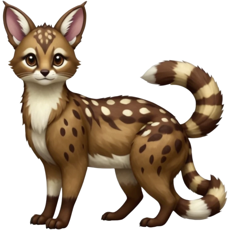 Colorful dark realistic chocolate-brown tropical beige fur glorious divine exotic cute cool beautiful shiny beautiful fantasy-Furret-Eevee-caracal-civet-genet-sergal-vernid-Cacomistle-oncilla-animal-Fakémon-hybrid-fursona with white deer-spots pattern markings (full body) emoji