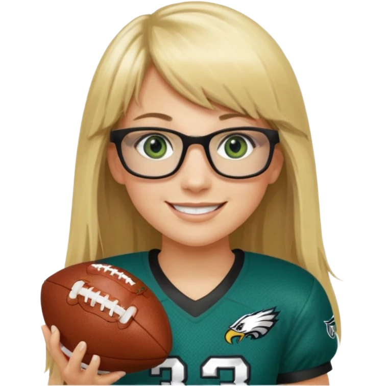 long blonde hair with bangs small black rectangle glasses female green eyes football player wearing eagles jersey number 33 holding football emoji