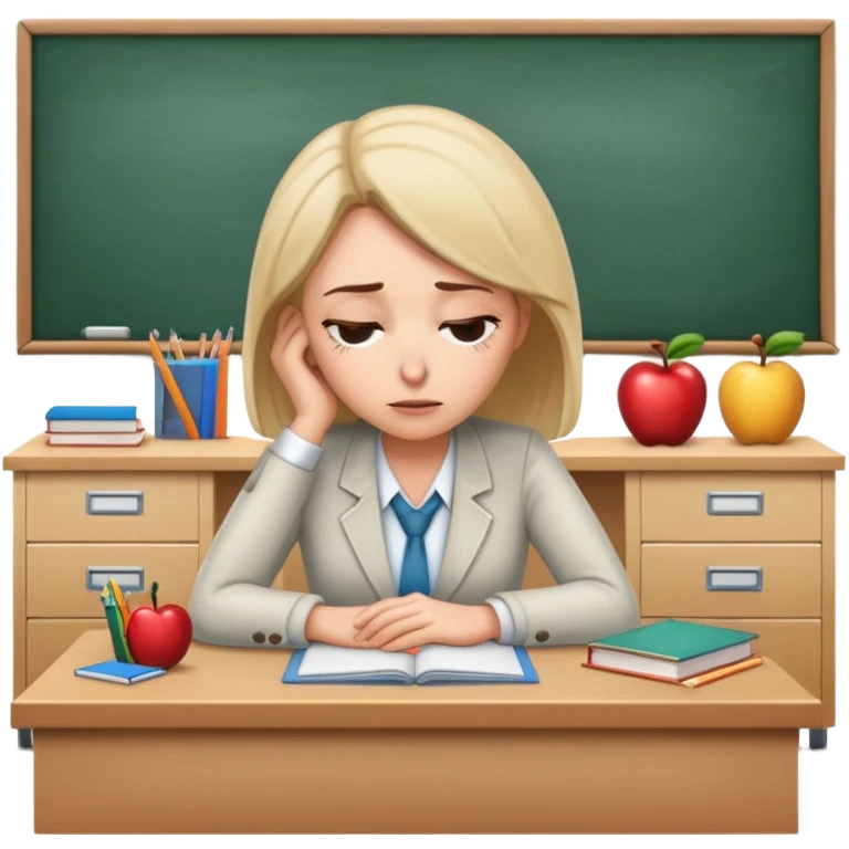 Exhausted female teacher with head down on classroom desk emoji