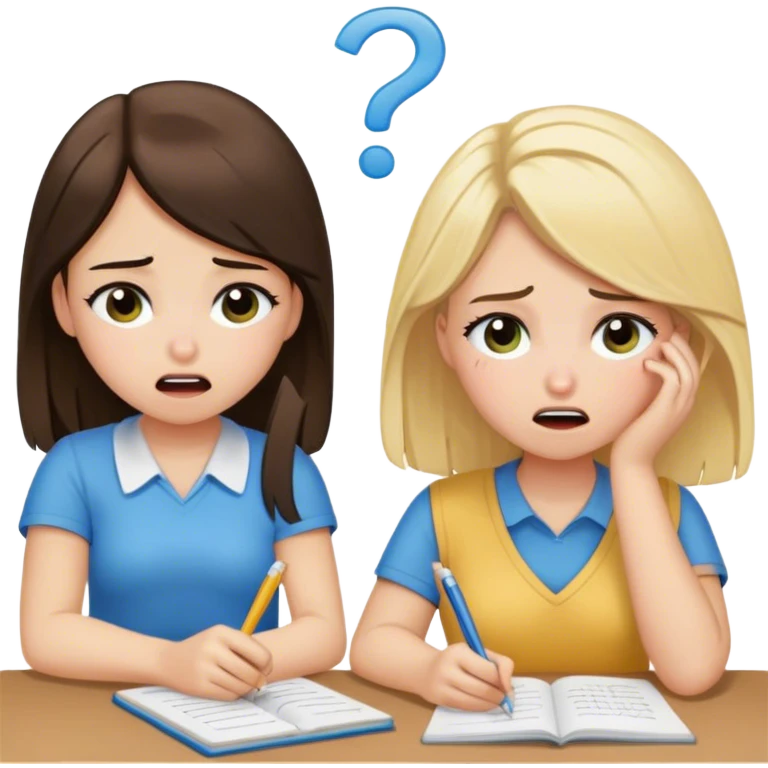 ella (a brunette) and rachel (a blonde) are two students, and they are crying while doing their calculus homework emoji