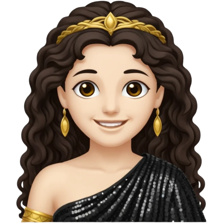 Libera, Goddess of Death from Roman Deities with long dark brown wavy hair, black sequin toga emoji