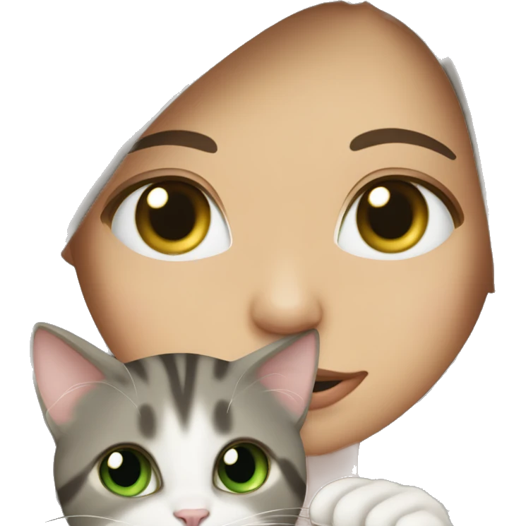 A girl with long brown hair and green eyes holds a gray tabby cat with green eyes in her arms emoji
