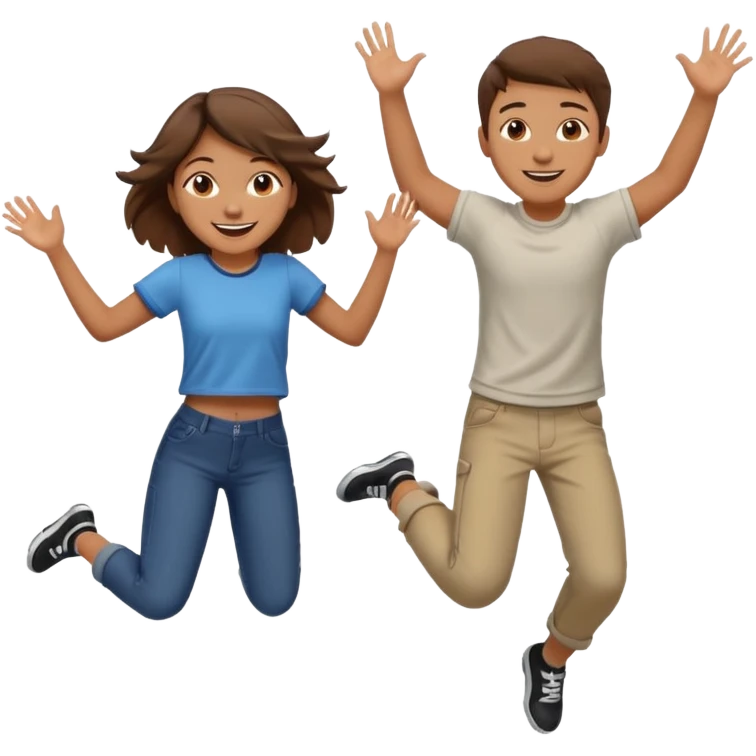 Boy with brown hair and Latino girl jumping for joy emoji