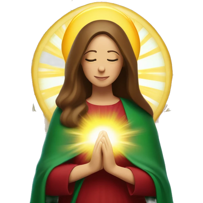 Virgin Mary: kind face looking down at the left, long brown hair, Wearing an emerald green  robe with gold stars and a burgundy red dress,  Hands in prayer or blessing. Halo around her head. standing in front of a big sun. colorful roses on the sides  emoji