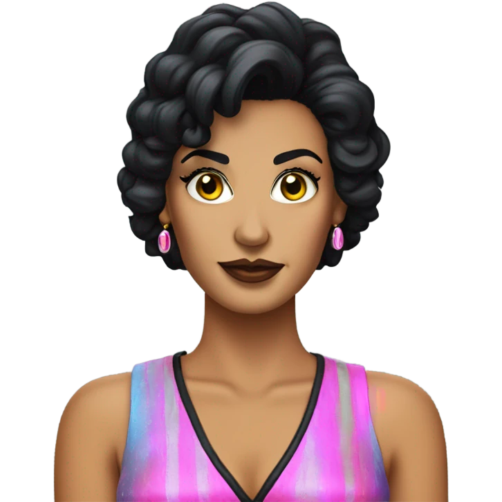 Tanned woman with black hair dressed in 1980s rock hair, makeup, and neon attire  emoji