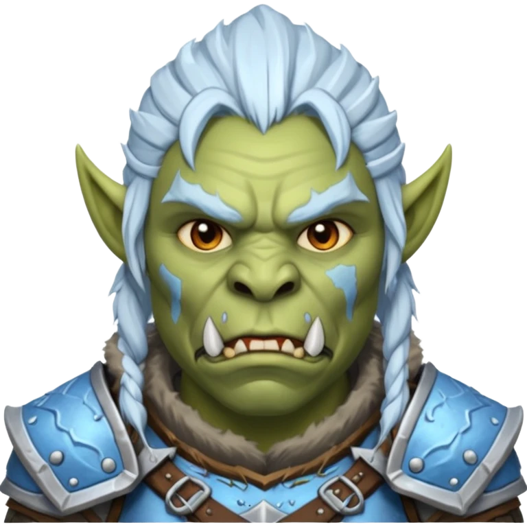 Fantasy Christmas orc portrait icon, frost clan warrior style, winter fur armor, icy details, strong brutal face, snowy battlefield mood, clean emoji style, male/female variant emoji