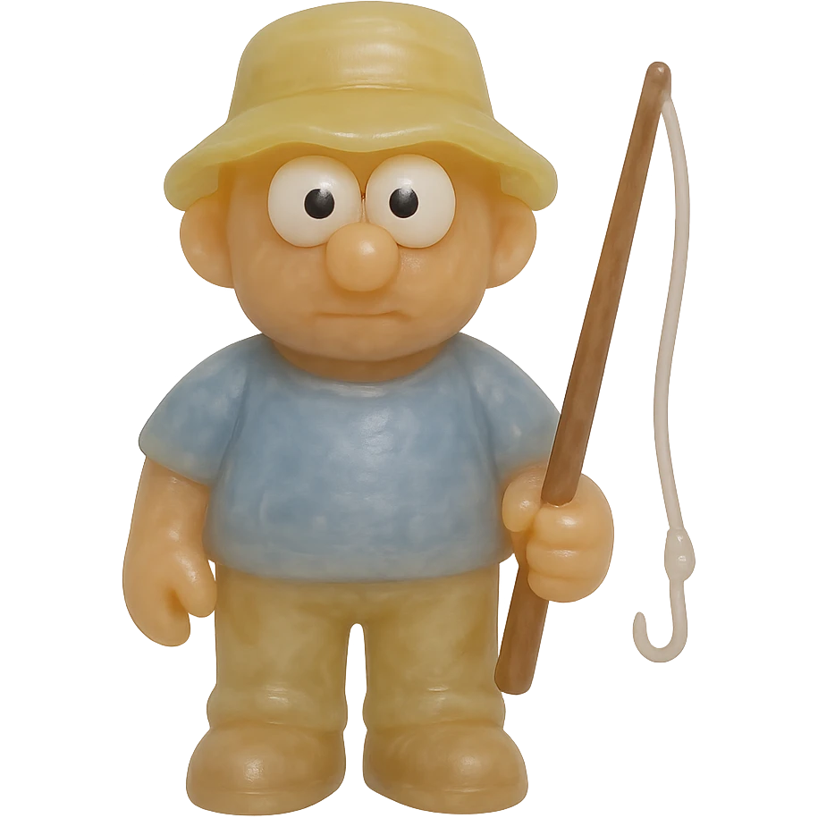 Make the fisherman smaller in frame so the entire character is fully visible from head to toe with no cropping at the top or bottom. Keep the wooden fishing pole, full-body, retro 90's toy style, very transparent and slightly see-through, natural tan skin, blue shirt, yellow hat, pants, derpy eyes with large white eyeballs and small black pupils looking in different directions, soft plastic texture, soft reflections, soft and squishy, some cloudiness, not shiny, highly detailed, appealing, no tag, no background. emoji