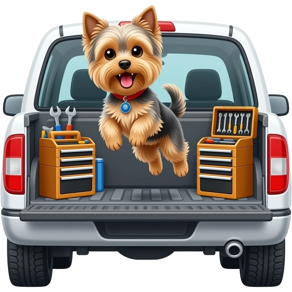 Yorkie dog jumping mouth open sitting in a white 4 door truck surrounded by tool boxes and tools emoji