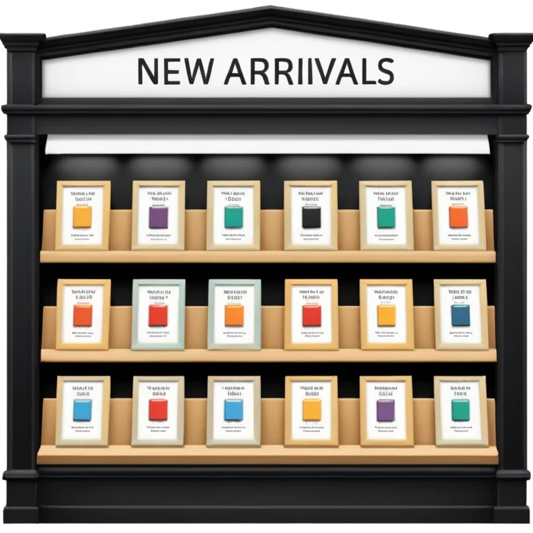 Bookstore window display. A sign displays “New Arrivals This Week”. Below, a shelf tag with the text “Best-Selling Novels Here”.  emoji