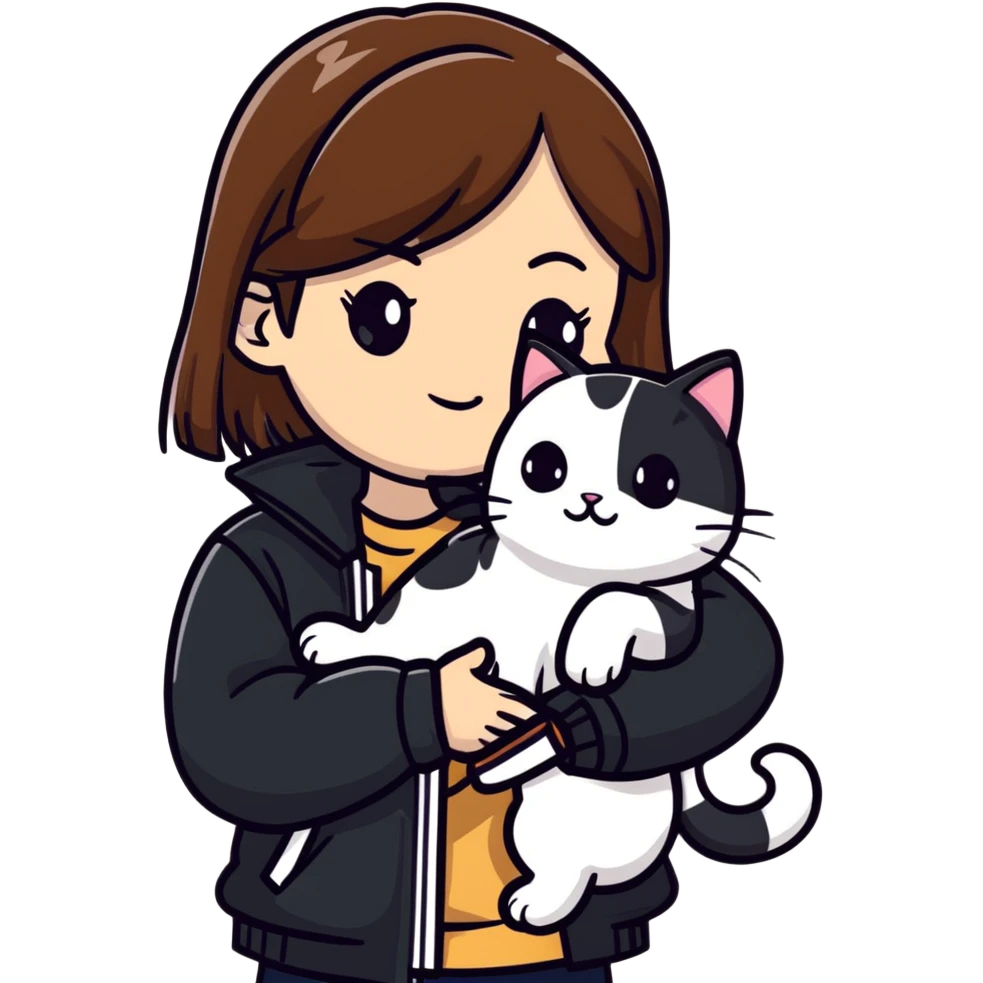 Light-skinned girl with brown straight hair wearing a black jacket, along with one pure white cat and one calico cat emoji