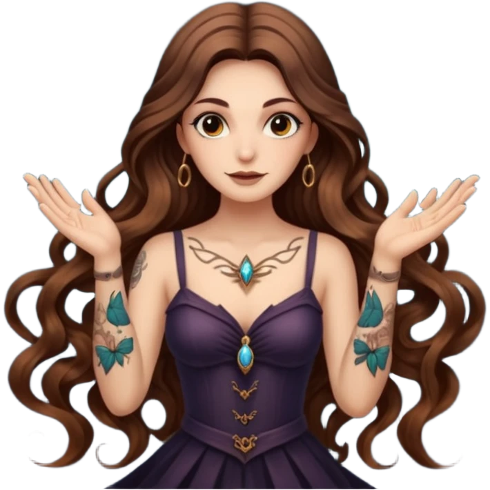 night witch woman long wavy brown hair tattoos spinning moth from fingers emoji