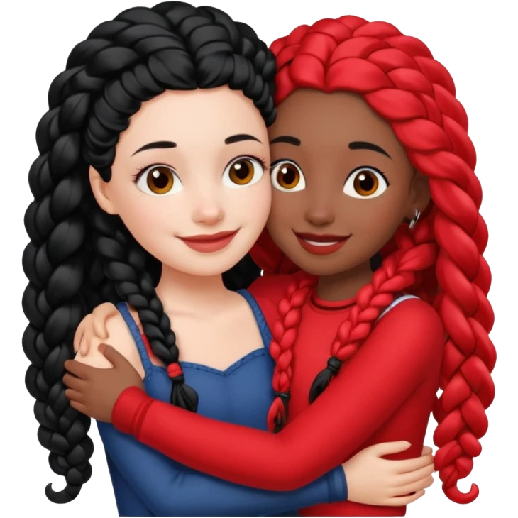 White girl long black hair hugs black girl with red French curl braids  emoji