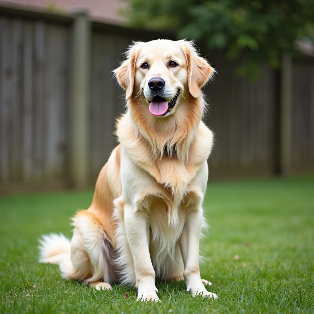 adult english cream golden retriever sitting on grass, facing camera, fence in the background emoji
