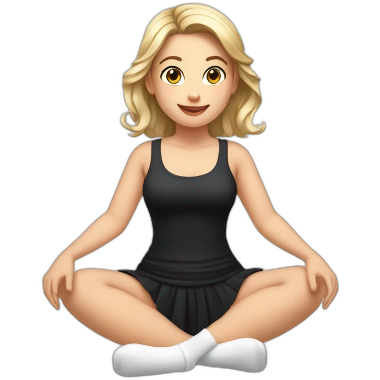 Front view full body curvy caucasian beauty sitting straight hands up black skirt white knickers white socks emoji