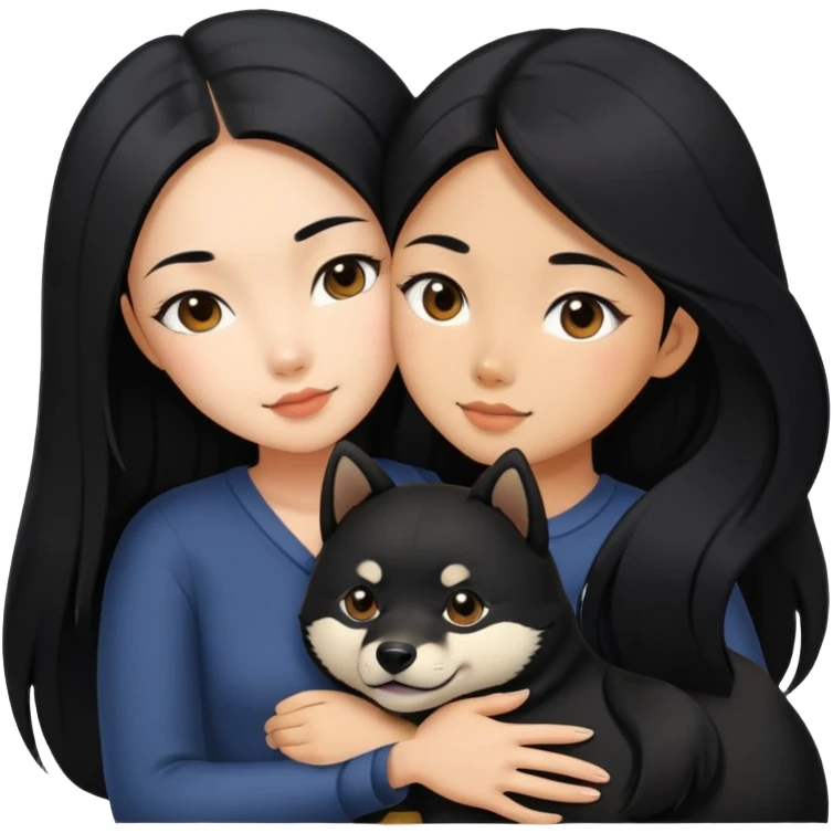 A beautiful girl with long black hair hugs a Black Shiba Lnu emoji