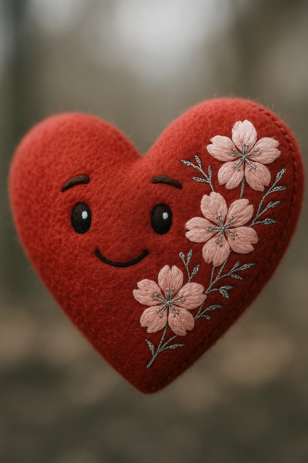 heart with sakura flowers and silver accents, plush portrait style emoji