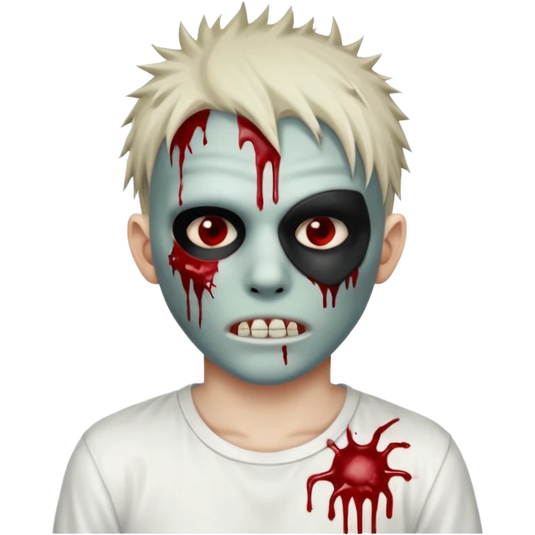 zombie boy with spiky emo hair and white shirt emoji and 

He wears an anonymous mask on half his face and has wounds on the other half. emoji