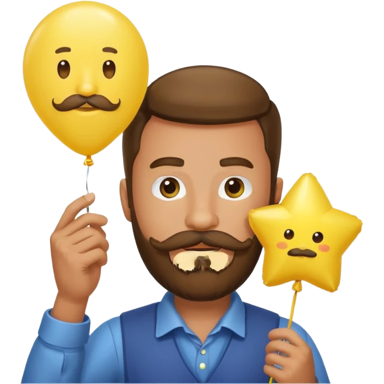 man with bead and mustache holding star yellow balloon emoji