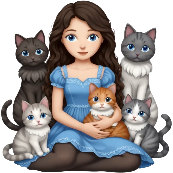 detailed realistic looking a dark grey and white cat regally sitting with six other cats, cuddling with their owner who is a pretty bratz lightly tanned white girl with long dark brown hair, blue eyes and gorgeous long wavy hair wearing a pretty detailed dress emoji