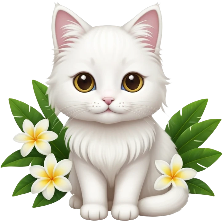 A cute  little white long hair cat and frangipani emoji
