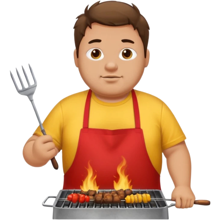 chubby man messy hair and dirty yellow shirt and a red apron grilling bbq and skewers on a sizzling grill emoji