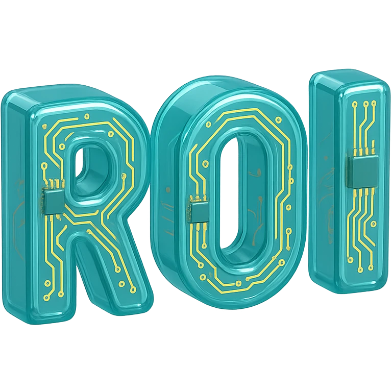 Modern 'ROI' letters with circuit board patterns and glossy finish emoji