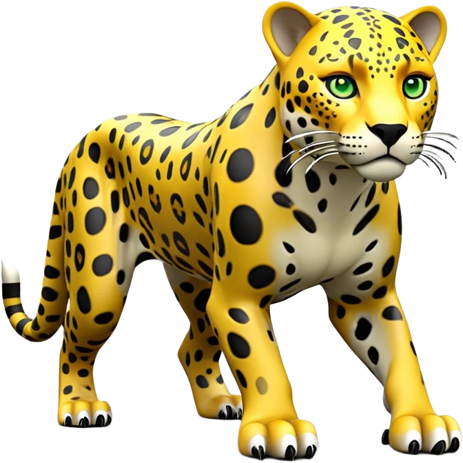 cinematic-jaguar-realistic-full-body-standing on all fours-emoji,-sleek-powerful-frame-poised-for-action,-yellow-fur-adorned-with-bold-black-rosettes,-head-tilted-dramatically,-piercing-green-eyes-locked-onto-its-prey,-simplified-yet-realistic-focused-features,-highly-detailed,-glowing-with-an-almost-sarcastic-glow emoji