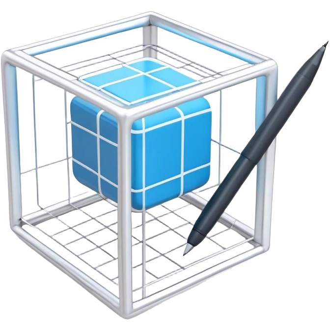 Create an emoji for 3D visualization and modeling. Show a 3D wireframe model or shape (e.g., a cube or sphere) with a design tool like a stylus and 3D rendering software interface. Use modern, professional colors. Do not include any emojis or smiley faces. Make the background transparent. emoji