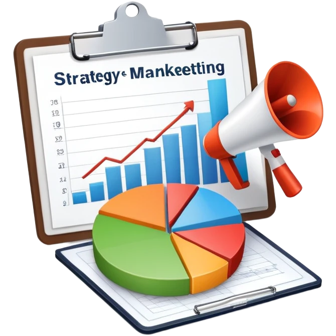 An icon featuring a pie chart, a megaphone, and a clipboard with strategy plans, symbolizing management and marketing. The design includes upward-trending graphs set against a modern office backdrop. Transparent background emphasizes business strategy and communication. emoji