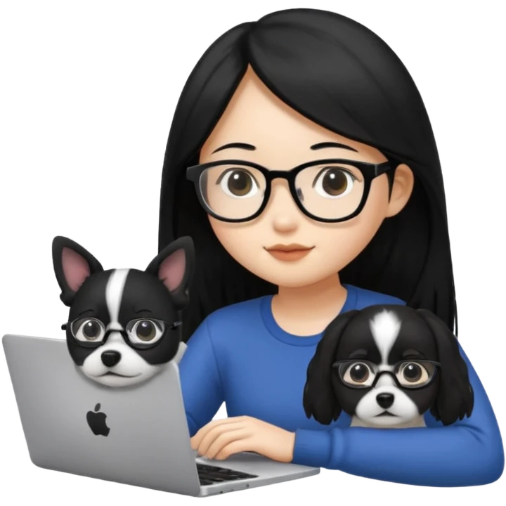 Asian girl with long black hair working on an Apple laptop, next to her is a small black and white dog with no collar on  emoji