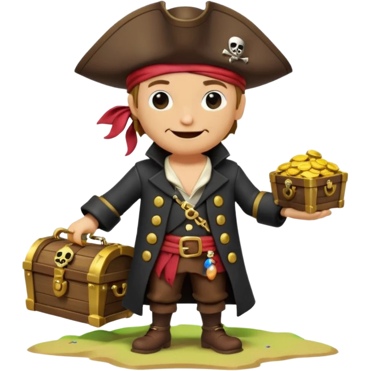 A 3D cartoon pirate character with one eye covered by a black eye patch, holding a treasure chest filled with gold coins and jewels, standing on sandy ground, wearing a pirate hat and coat, warm sunset lighting, realistic Memoji-style rendering. emoji