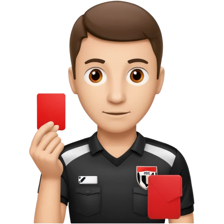 Изображение футбольного судьи, в руках которого красная карточка из футбола. Судья не улыбается emoji