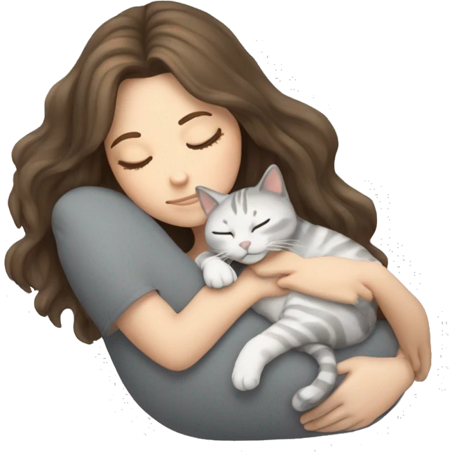 White girl brown hair sleeping with gray cat emoji